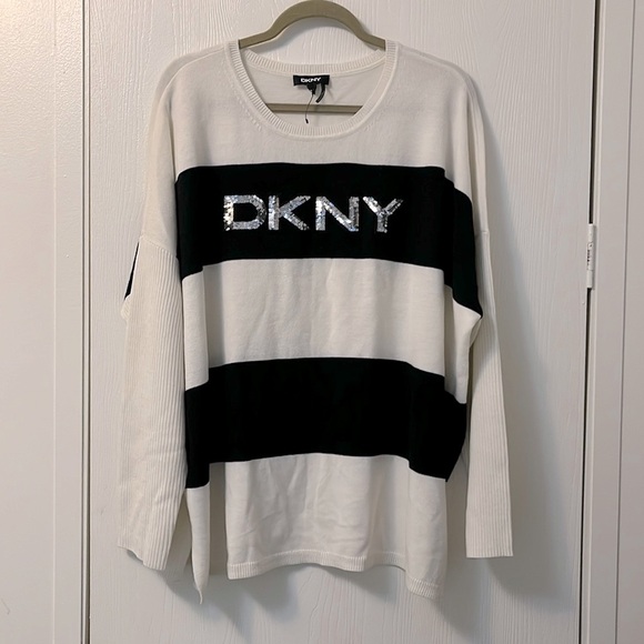 DKNY Women's Striped Silver Sequin Logo Sweater Black/White Top Size XL NWT - Picture 2 of 7